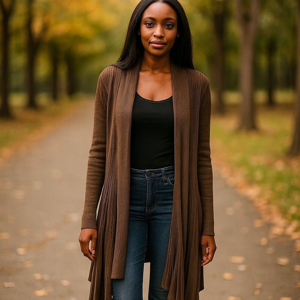 One World Chocolate Brown Ribbed Women M Long Sleeve Waterfall Cardigan Boho Y2K